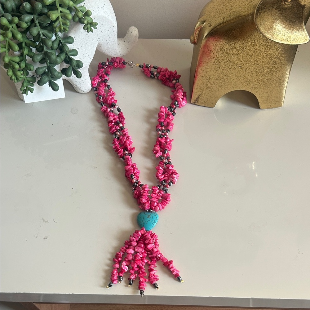 Pink Beaded Heart Tassel Necklace - Women Jewelry